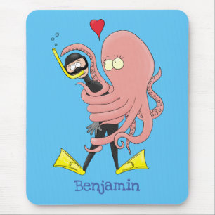 Funny octopus hugs diver cartoon humor muismat