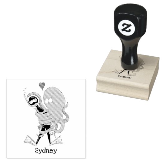 Funny octopus hugs diver cartoon humor rubberstempel (Gestempeld)