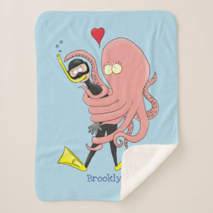 Funny octopus hugs diver cartoon humor sherpa deken