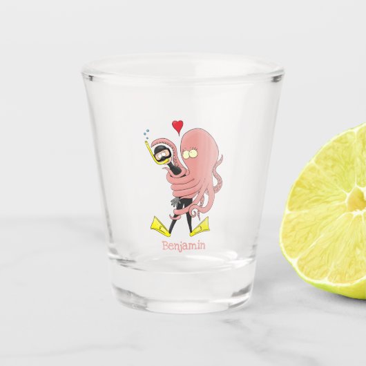 Funny octopus hugs diver cartoon humor shot glas (Voorkant)