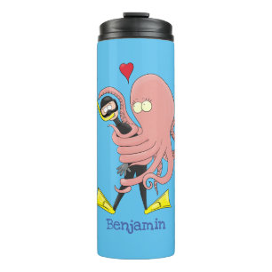 Funny octopus hugs diver cartoon humor thermosbeker