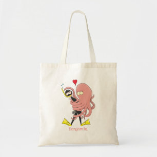 Funny octopus hugs diver cartoon humor tote bag