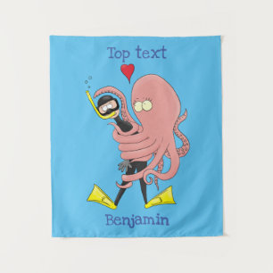 Funny octopus hugs diver cartoon humor wandkleed