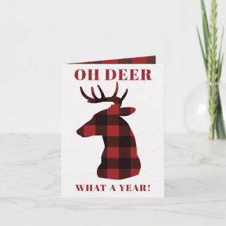 Funny Oh Deer What a Year Buffalo Plaid Deer Feestdagen Kaart