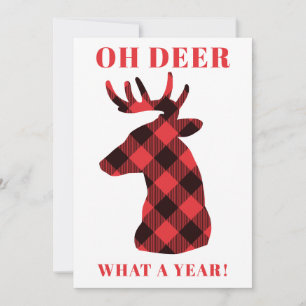 Funny Oh Deer What a Year Buffalo Plaid Feestdagenkaart