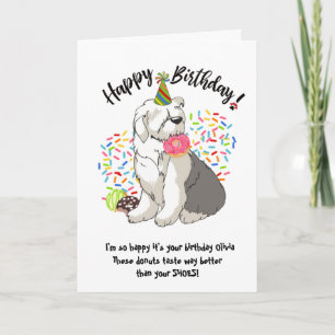 Funny Old English Sheepdog Birthday Card Donuts