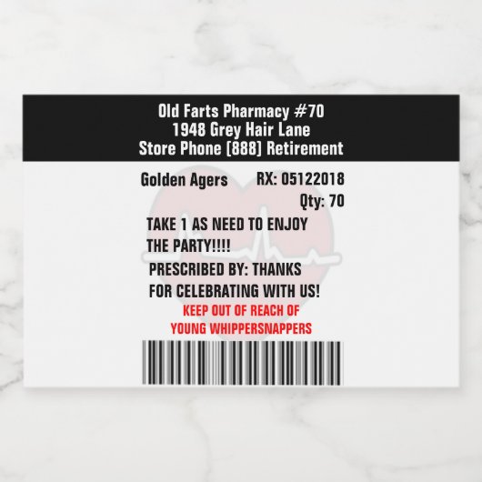 Funny Old Farts Party Prescription RX Bottle Label Voedselcontainer Etiket (Enkel label)