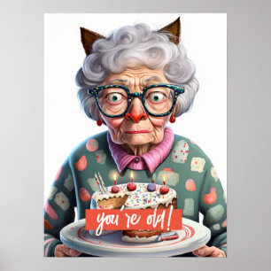 Funny Old Lady met Cat Ears Birthday Poster