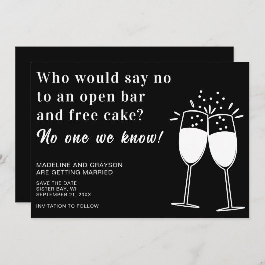 Funny Open Bar Free Cake Wedding Save the Date (Voorkant / Achterkant)