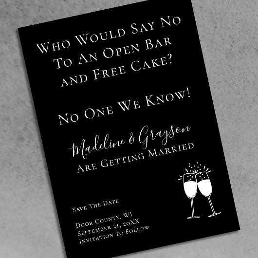 Funny Open Bar Free Cake Wedding Save the Date