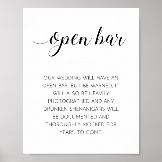 Funny Open Bar Wedding Sign Poster (Voorkant)