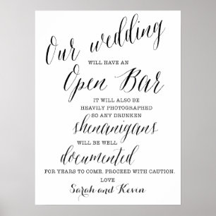 Funny Open Bar Wedding-teken Persoonlijke namen Poster