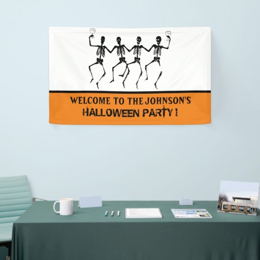 Funny Oranje en Black Dansende Skeleton Halloween Spandoek (Beurs)