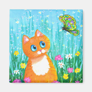 Funny Oranje Tabby Cat Butterfly Creationarts Magneet