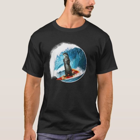 Funny Otter Surfing Otter riding a ocean Wave on a T-shirt (Voorkant)