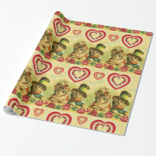 FUNNY OUDE FASHION VALENTIJNSDAG CATS, Hart, Rozen Cadeaupapier