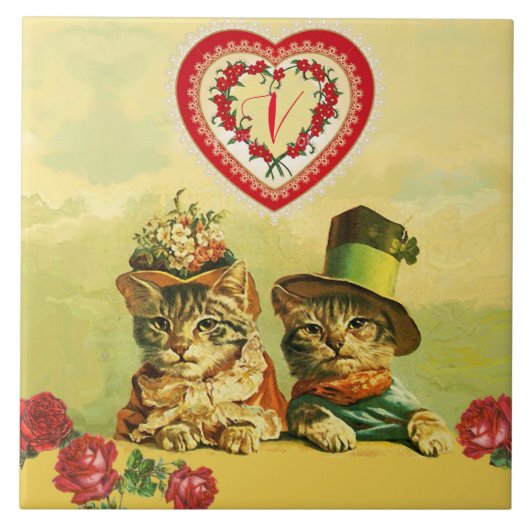 FUNNY OUDE FASHION VALENTIJNSDAG CATS, hart, Rozen Tegeltje (Voorkant)