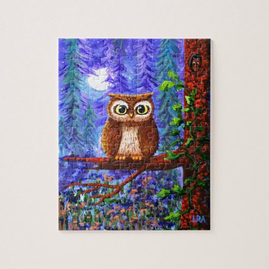 Funny Owl Forest Moon Whimsical Creationarts Legpuzzel (Verticaal)