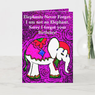 Funny Paars Elephant Belated Birthday Kaart