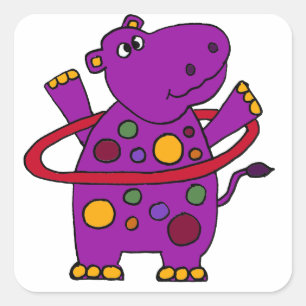 Funny Paarse Hippo Play Hula Hoop Vierkante Sticker