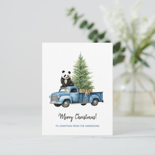 Funny Panda in Blauw Vrachtwagen Kerst Feestdagenkaart (Staand voorkant)