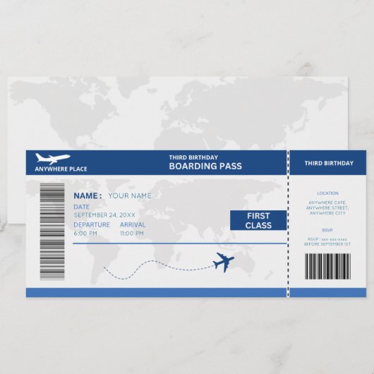 Funny passport, boarding pass ticket 3rd birthday kaart (Voorkant / Achterkant)