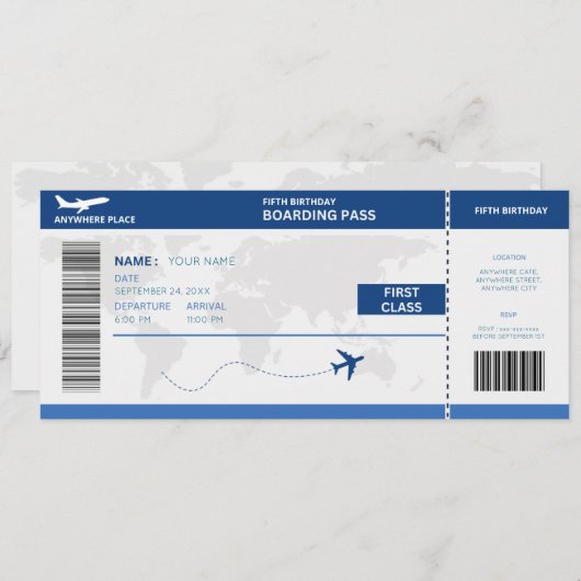 Funny passport, boarding pass ticket 5th birthday kaart (Voorkant / Achterkant)