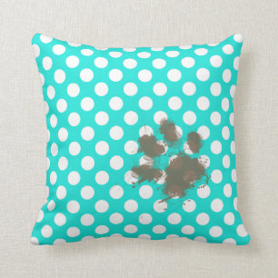Funny Pawprint; Aqua Color Polka Dots Kussen