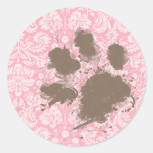 Funny Pawprint op Bubble Gum Pink Damask Ronde Sticker