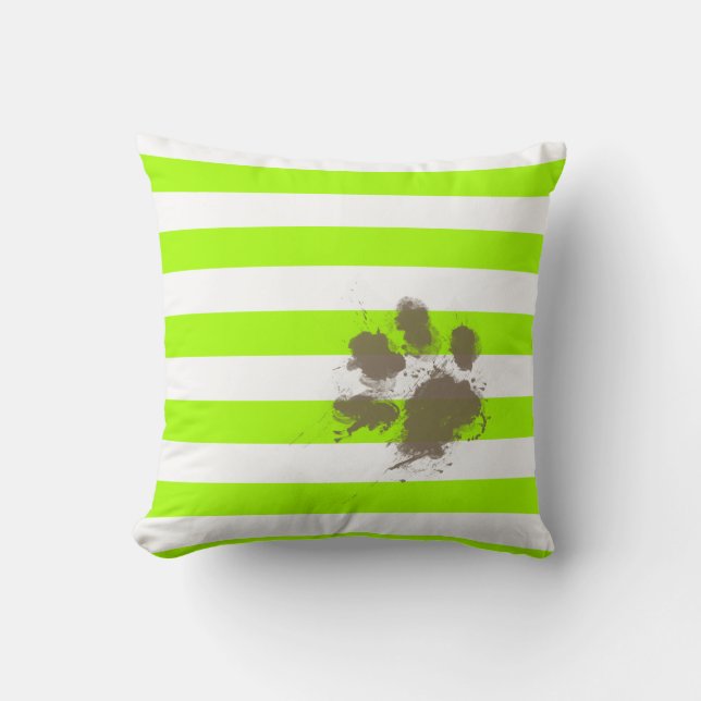 Funny Pawprint op Electric Lime Green Stripes Kussen (Voorkant)