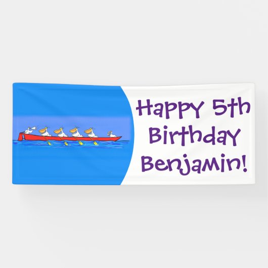 Funny pelican rowing team cartoon illustratie spandoek (Horizontaal)