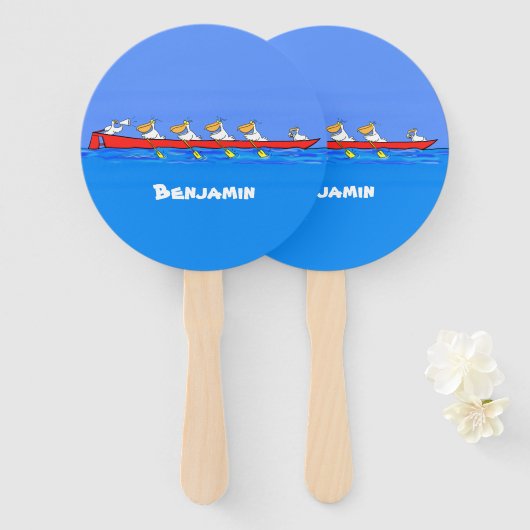 Funny pelicans rowing cartoon illustratie handwaaier (Voorkant en achterkant)