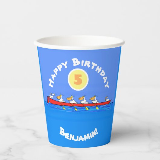 Funny pelicans rowing cartoon illustratie papieren bekers (Voorkant)