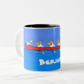 Funny pelicans rowing cartoon illustratie tweekleurige koffiemok (Voorkant links)