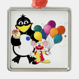 Funny penguin and clown cartoon metalen ornament