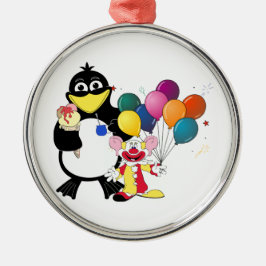Funny penguin and clown cartoon metalen ornament