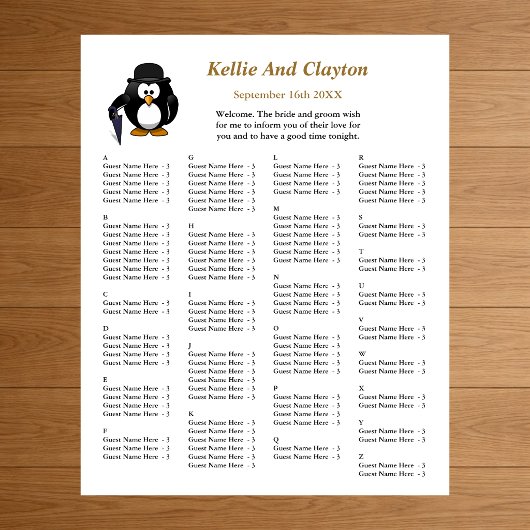 Funny Penguin Greeter Wedding Seating Chart Poster
