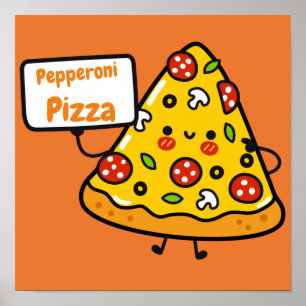 Funny pepperoni pizza oranje kleurrijk schattig ki poster