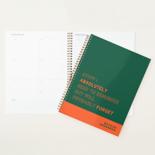 Funny Personalized Modern Green Orange Custom Name Planner (Display)