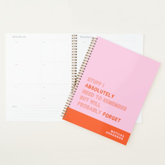 Funny Personalized Modern Pink Orange Custom Name Planner (Display)