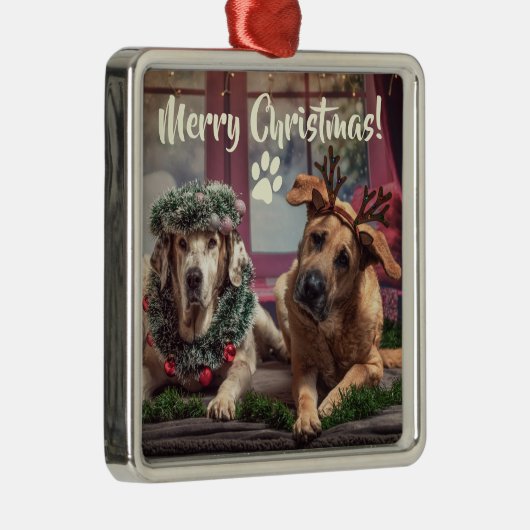 Funny Photo Dogs in kerstAntlers en hoofdkleding Metalen Ornament (Rechts)