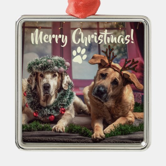 Funny Photo Dogs in kerstAntlers en hoofdkleding Metalen Ornament (Voorkant)