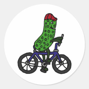 Funny Pickle Riding Bicycle Cartoon Ronde Sticker