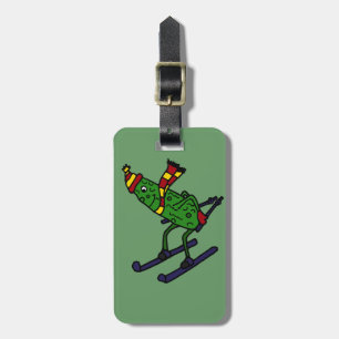 Funny Pickle Skiing Cartoon Bagagelabel