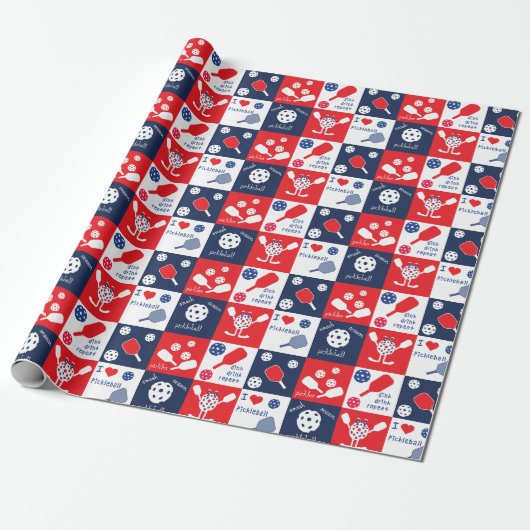 Funny Pickleball Red White Blue Pattern Cadeaupapier (Uitgerold)