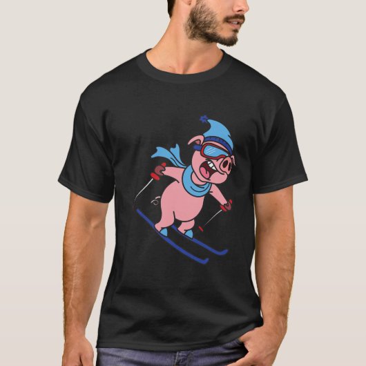 Funny Pig Go Skiing Design Gift Winter Holidays T-shirt (Voorkant)