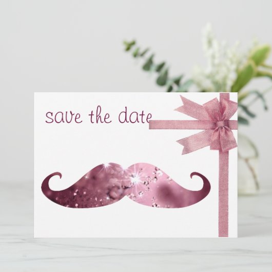 Funny Pink Bling Mustache Save The Date (Staand voorkant)