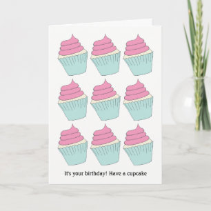 Funny Pink en Aqua Eat Cupcakes Verjaardag Kaart