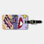 Funny Pink Flamingo bij Beach Bagagelabel (Voorkant horizontaal)