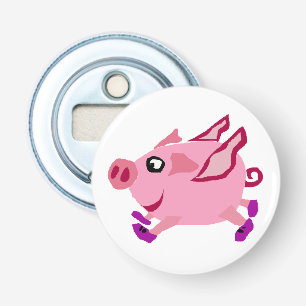 Funny Pink Flying Pig Cartoon Button Flesopener
